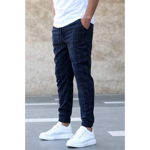 Madmext Navy Blue Checked Trousers Mad4081 - Lacivert