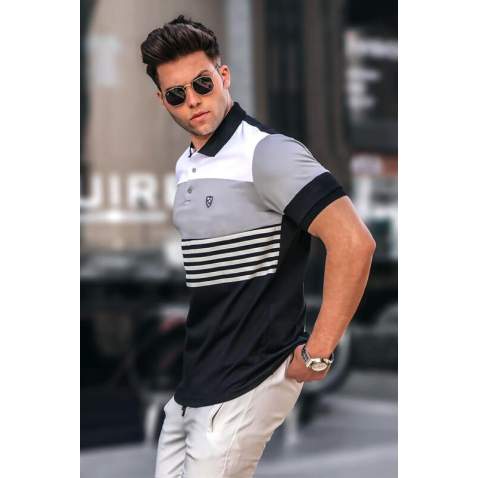 Men Striped Black Polo T-Shirt 5685 - Siyah