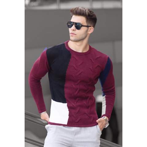 Madmext Maroon Knitting Two-Tone Crewneck Jumper 2770-5 - Bordo