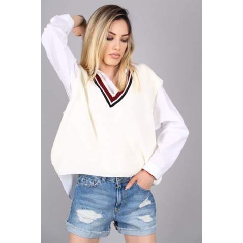 Women Striped White Sweater - Beyaz