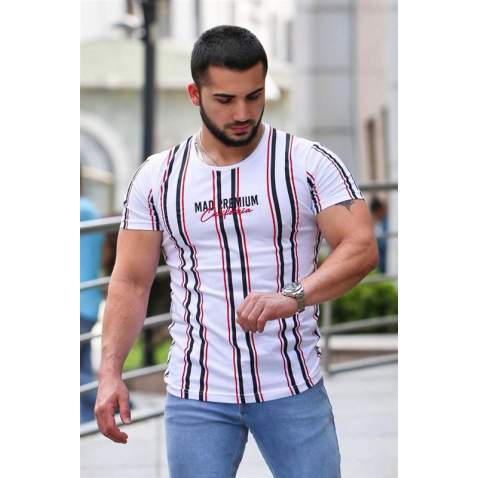 Madmext White Striped T-shir for Men Mad4048 - Beyaz