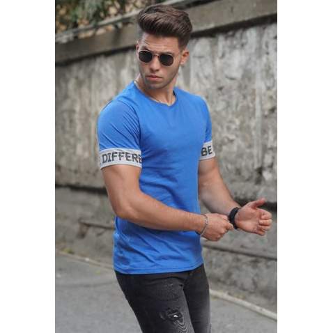 Madmext Sleeve Printed Blue T-shirt 3030 - Mavi