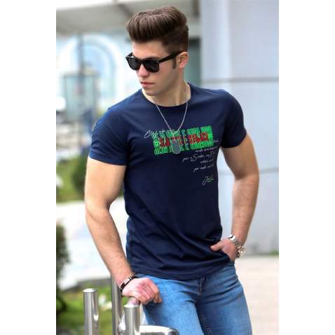 Madmext Navy Blue Printed T-shirt for Men 4478 - Lacivert