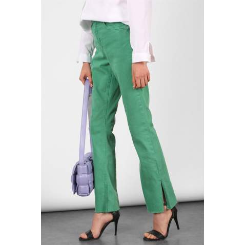 Women Green Side Slit Cuff Jeans - Yeşil