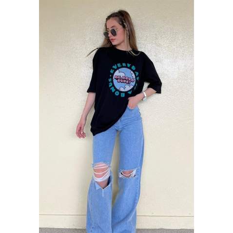 Women Printed Oversize Black T-Shirt - Siyah