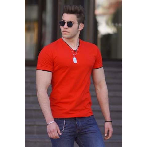 Madmext Red Basic V Neck T-shirt for Men 4447 - Kırmızı