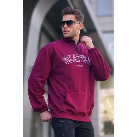 Bordo Fermuar Yakalı Nakışlı Sweatshirt 6026 - Bordo