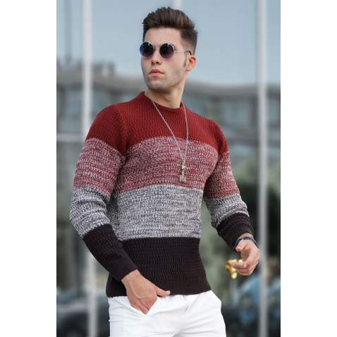 Madmext Men Color Block Tile Red Sweater 5196 - Kiremit