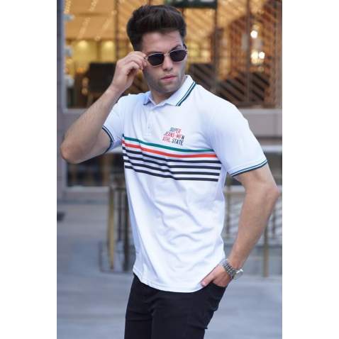 Striped White Polo T-Shirt 5869 - Beyaz