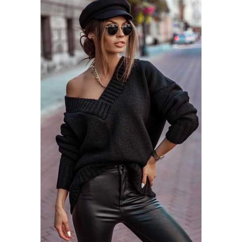 Mad Girls Black V-Neck Oversize Women Jumper MG766 - Siyah