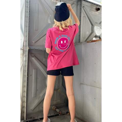 Women Printed Pink Oversize T-Shirt - Pembe