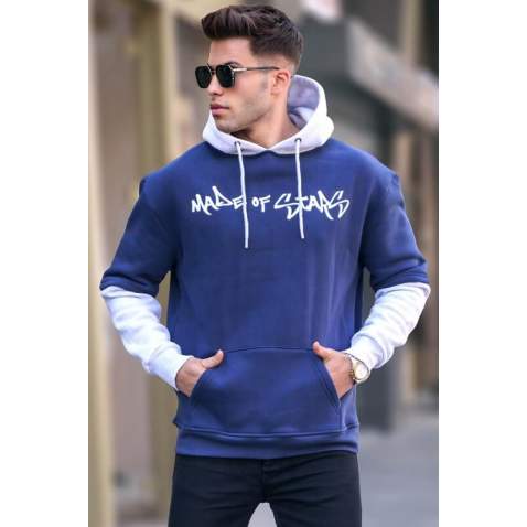 Navy Blue Printed Hoodie Sweatshirt 6000 - Lacivert