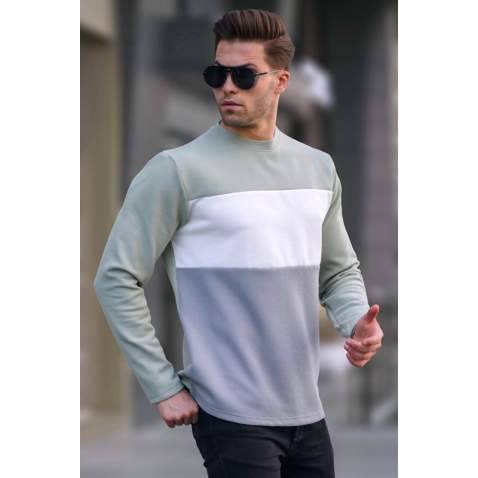 Mint Green Color Block Printed Sweatshirt 6015 - Mint yeşili