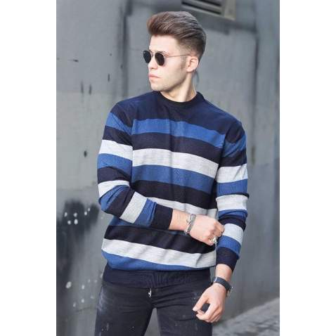 Madmext Gray Striped Men Knitwear Jumper 9415