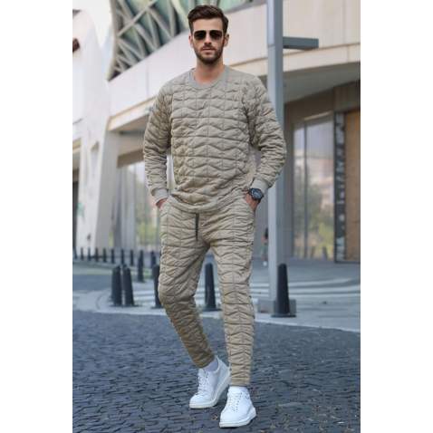 Beige Designed Quilted Tracksuit 5907 - Bej