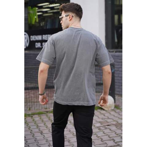 Men Printed Smoke Gray Oversize T-Shirt - Füme