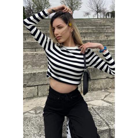 Women Crewneck Black Striped Sweater - Siyah