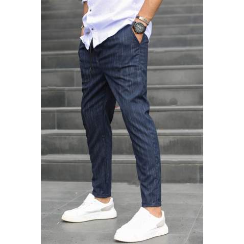 Navy Blue Designed Slim Fit Jogger Trousers 5470 - Lacivert