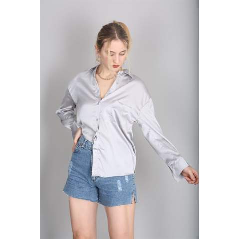 Mad Girls Gray Satin Shirt MG1104 - Gri