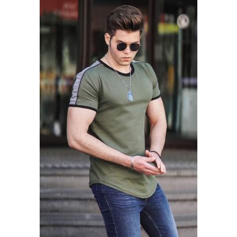 Madmext Men Shoulder Stripe Khaki T-shirt 4101 - Haki