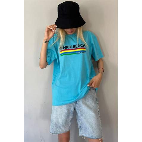 Turquoise Printed Over Fit T-Shirt MG1516 - Turkuaz