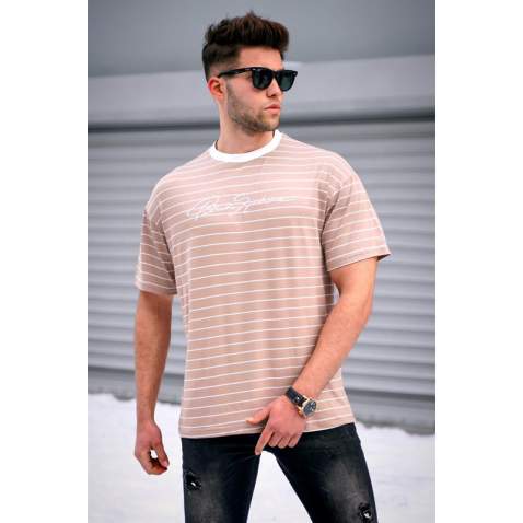 Madmext Men Striped Beige T-shirt 5801 - Bej