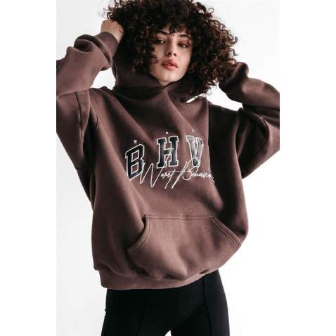 Mad Girls Embroided Brown Sweatshirt Hoodie MG812 - Kahverengi