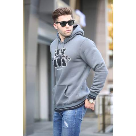 Smoke Gray Embroidered Hoodie Sweatshirt 6012 - Füme