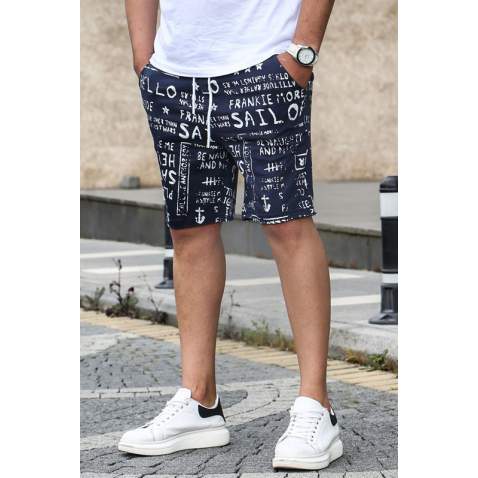 Madmext Men Printed Navy Blue Capri Shorts 2408 - Lacivert