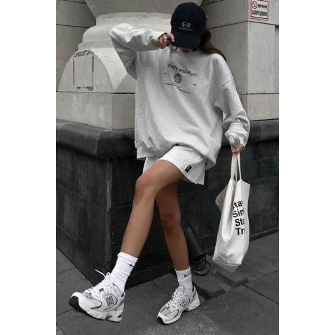 Karmelanj Bisiklet Yaka Baskılı Oversize Kadın Sweatshirt MG1577 - Karmelanj