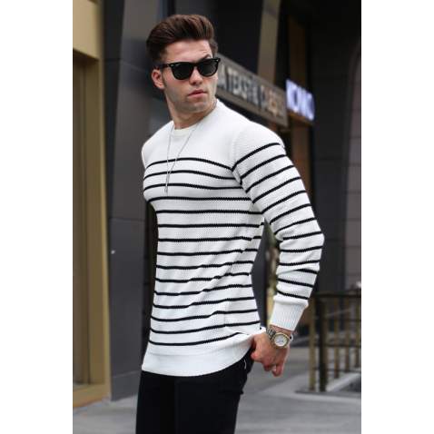 White Striped Knitwear Sweater 5992 - Kemik rengi