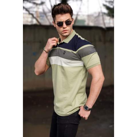 Men Striped Green Polo T-Shirt - Yeşil