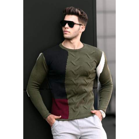 Madmext Khaki Knitting Two-Tone Crewneck Jumper 2770-1 - Haki