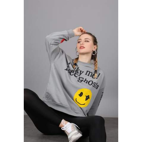 Mad Girls Printed Oversize Anthracite Sweatshirt Mg1207 - Füme