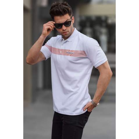 Men Striped White Polo T-Shirt 5878 - Beyaz