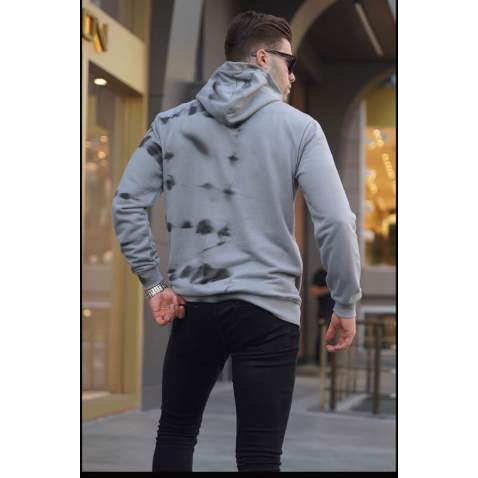 Dye Gray Embroidered Hoodie Sweatshirt 5897 - Boyalı gri