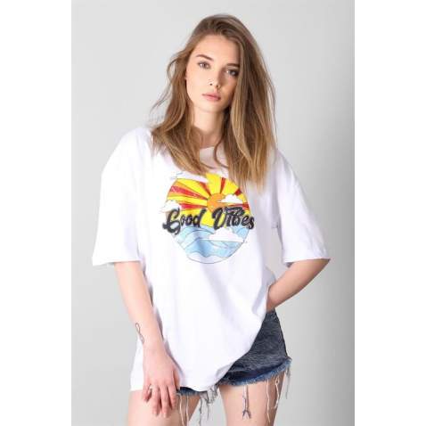 Mad Girls Printed White T-shirt Mg1148 - Beyaz