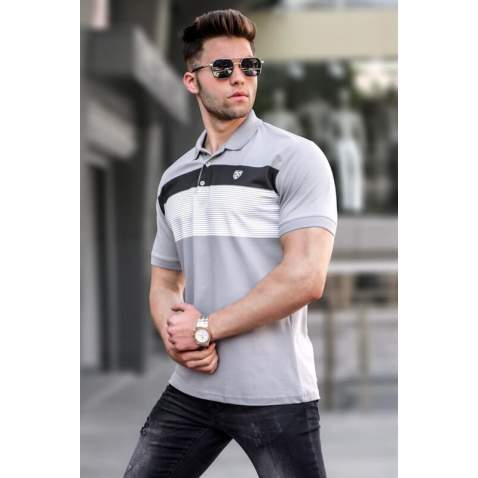 Men Striped Gray Polo T-Shirt 5864 - Gri