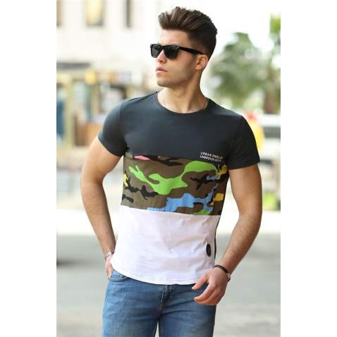 Madmext Dark Grey Camouflage T-shirt for Men 3003 - Siyah/ekru