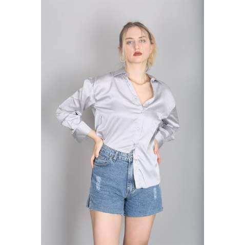 Mad Girls Gray Satin Shirt MG1104 - Gri