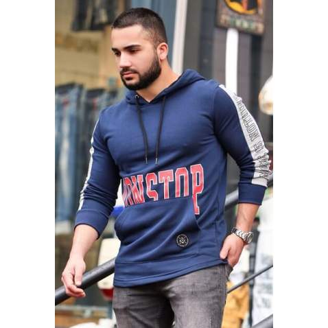 Madmext Men Printed Navy Blue Hoodie Sweatshirt 2766 - Lacivert