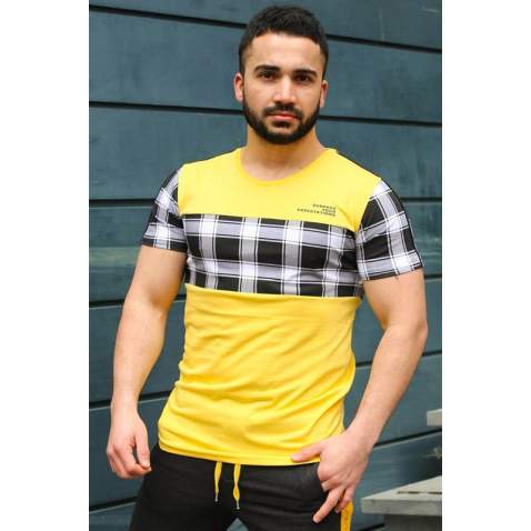 Madmext Yellow Plaid T-shirt for Men 3004 - Sarı