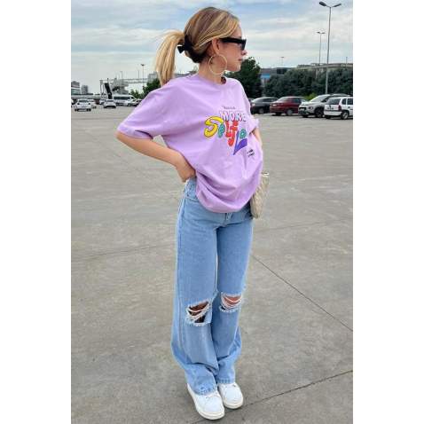 Lilac Printed Oversize T-Shirt MG1522 - Lila