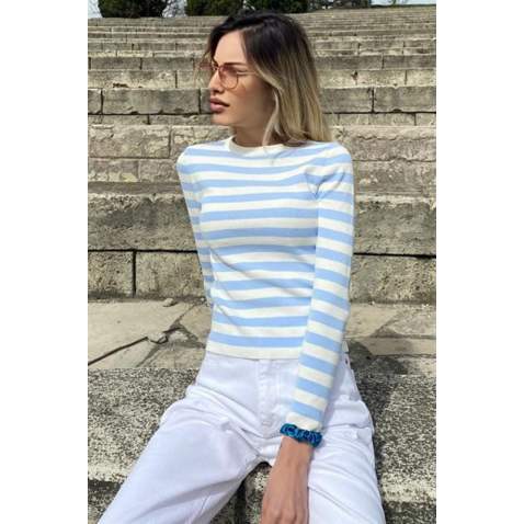 Women Crewneck Blue Striped Sweater - Mavi