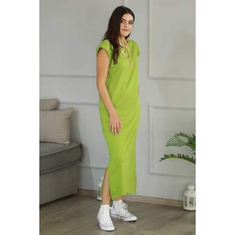 Mad Girls Green Shoulder Pad Slit Midi Dress MG357 - Yeşil