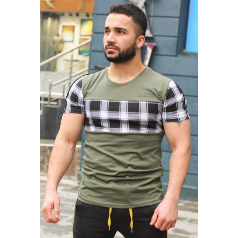 Madmext Khaki Plaid T-shirt for Men 3004 - Haki