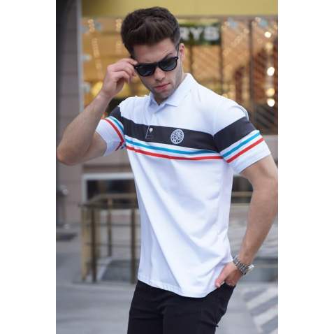 Striped White Polo T-Shirt 5877 - Beyaz