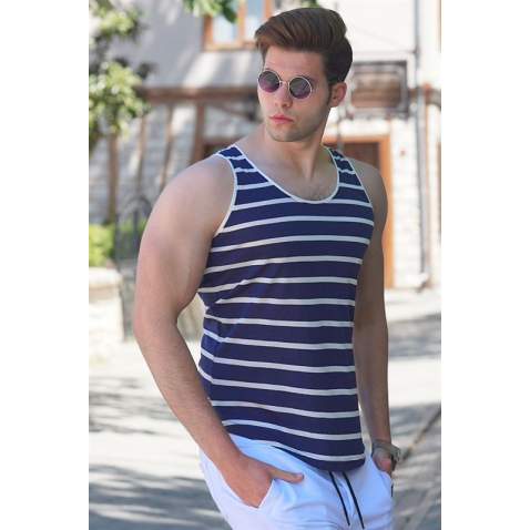 Madmext Men White Striped Navy Blue Vest 2571 - Lacivert