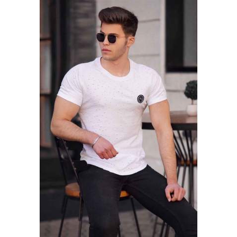 Madmext Men Ripped White T-shirt T4002 - Beyaz