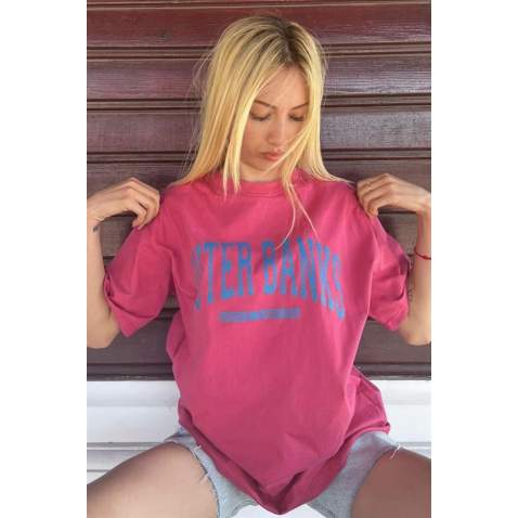 Women Printed Oversize Fuchsia T-Shirt - Fuşya